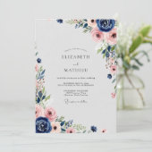 Navy Blue Flourishing Spring Wedding Kaart (Staand voorkant)