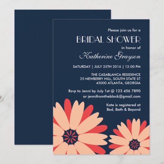 Navy Blue Flower Invitation for Spring Wedding Kaart (Voorkant / Achterkant)