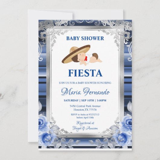 Navy Blue Flower Mexican Baby shower Fiesta  Kaart (Voorkant)