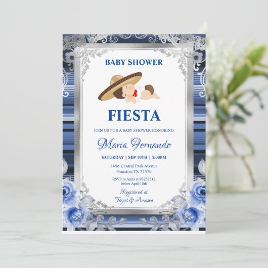 Navy Blue Flower Mexican Baby shower Fiesta  Kaart (Staand voorkant)