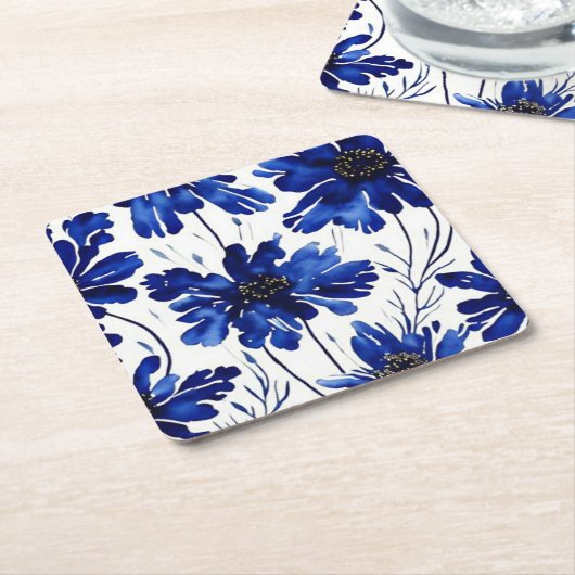 Navy blue flower patroon kartonnen onderzetters (Schuin)
