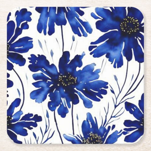Navy blue flower patroon kartonnen onderzetters (Voorkant)