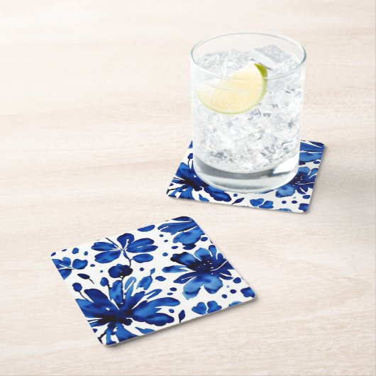 Navy blue flower patroon kartonnen onderzetters (Insitu)