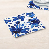 Navy blue flower patroon kartonnen onderzetters (Schuin)