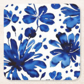 Navy blue flower patroon kartonnen onderzetters (Voorkant)