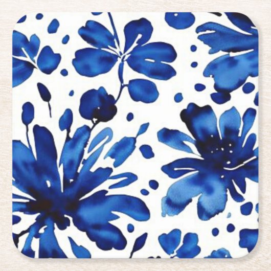 Navy blue flower patroon kartonnen onderzetters (Voorkant)