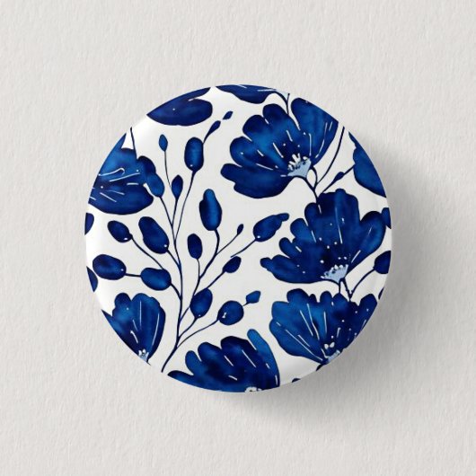 Navy blue flower patroon ronde button 3,2 cm (Voorkant)