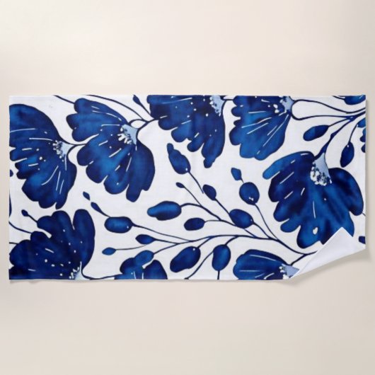 Navy blue flower patroon strandlaken (Voorkant)