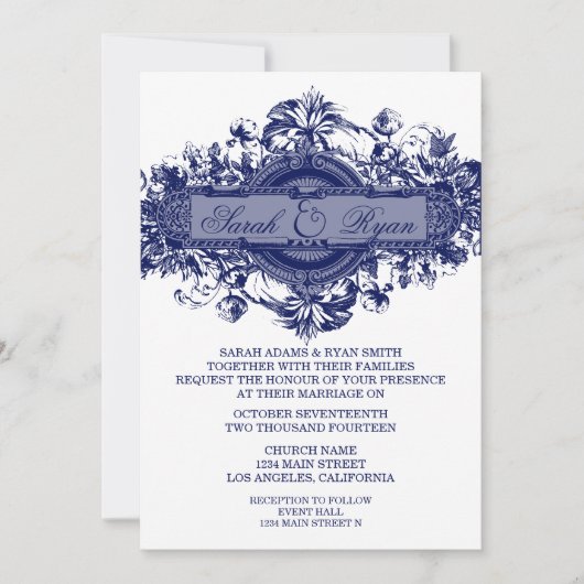 NAVY BLUE FLOWER WEDDING INVITATION KAART (Voorkant)