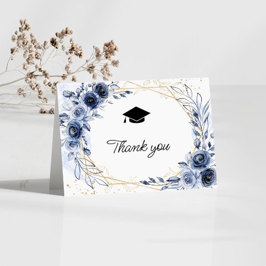 Navy Blue Flowers Afstuderen Bedankkaart