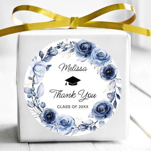 Navy Blue Flowers Afstuderen Dank u Ronde Sticker