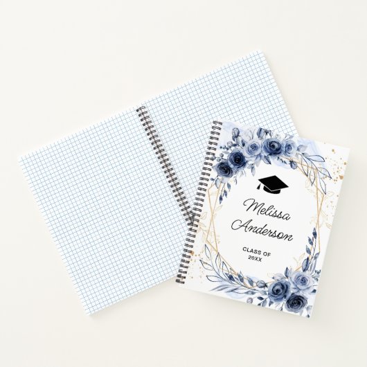 Navy Blue Flowers Afstuderen Notitieboek (Binnen)