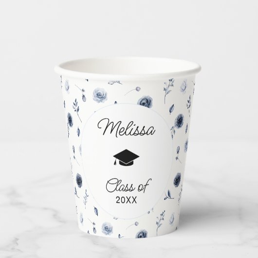 Navy Blue Flowers Afstuderen Papieren Bekers (Voorkant)