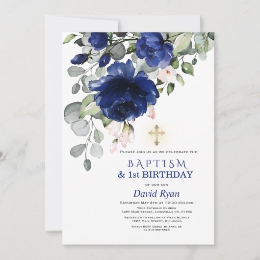 Navy Blue Flowers Baptism 1e verjaardag Kaart (Voorkant)