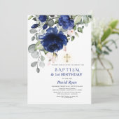 Navy Blue Flowers Baptism 1e verjaardag Kaart (Staand voorkant)