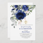 Navy Blue Flowers Baptism 1e verjaardag Kaart (Voorkant / Achterkant)