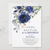 Navy Blue Flowers Baptism 1e verjaardag Kaart (Voorkant)