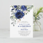 Navy Blue Flowers Baptism 1e verjaardag Kaart (Staand voorkant)