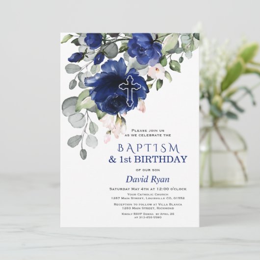 Navy Blue Flowers Baptism 1e verjaardag Kaart (Staand voorkant)