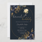 Navy Blue Flowers Brunch & Bubbly Vrijgezellenfees Kaart (Voorkant)