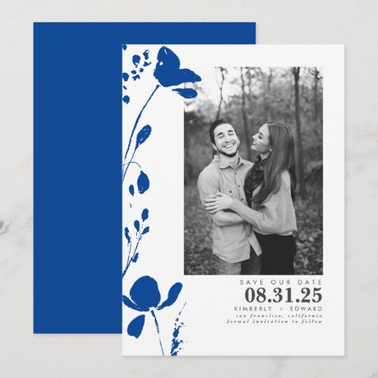 Navy Blue Flowers Elegant Save the Date Photo (Voorkant / Achterkant)