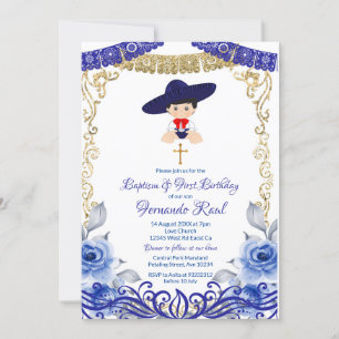 Navy Blue Flowers Fiesta Baptism en Birthday  Kaart