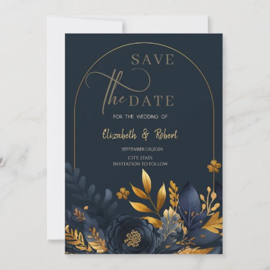Navy Blue Flowers Gold Leaves Flat Save the Date (Voorkant)