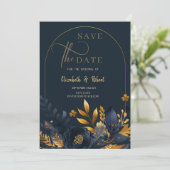 Navy Blue Flowers Gold Leaves Flat Save the Date (Staand voorkant)