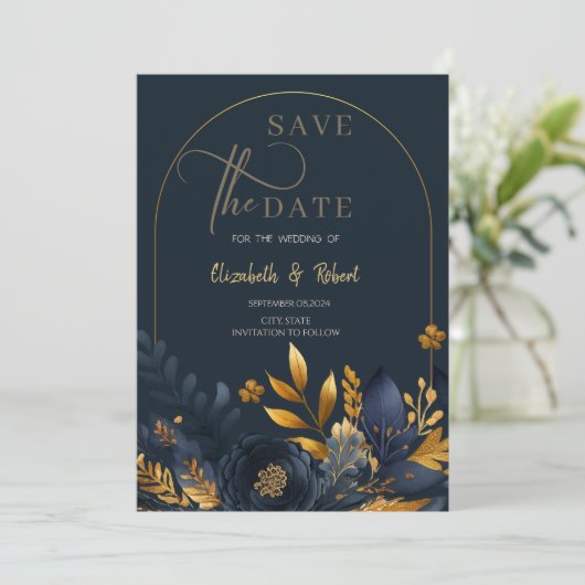 Navy Blue Flowers Gold Leaves Flat Save the Date (Staand voorkant)