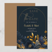 Navy Blue Flowers Gold Leaves Flat Save the Date (Voorkant / Achterkant)