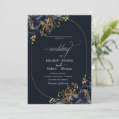 Navy Blue Flowers Gold Leaves Lijst Wedding Kaart (Staand voorkant)