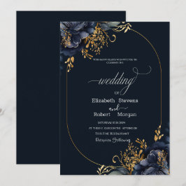 Navy Blue Flowers Gold Leaves Lijst Wedding Kaart