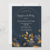 Navy Blue Flowers Gold Leaves Verloving Kaart (Voorkant)