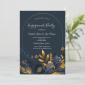 Navy Blue Flowers Gold Leaves Verloving Kaart (Staand voorkant)
