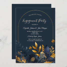 Navy Blue Flowers Gold Leaves Verloving Kaart