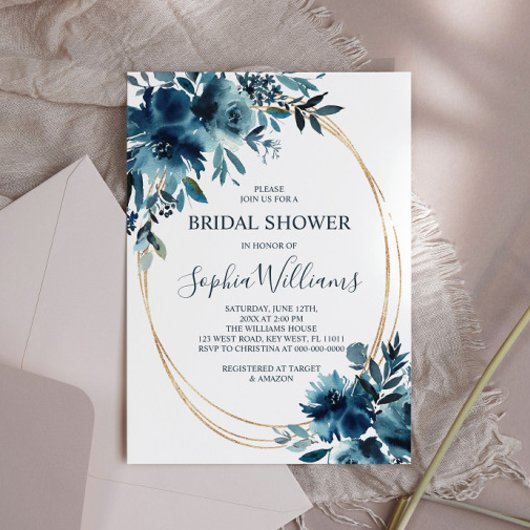 Navy Blue Flowers & Gold Lijst Vrijgezellenfeest Kaart
