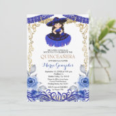 Navy Blue Flowers Gold Quinceanera Kaart (Staand voorkant)