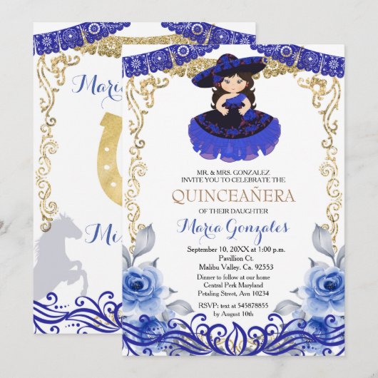 Navy Blue Flowers Gold Quinceanera Kaart (Voorkant / Achterkant)