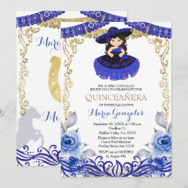 Navy Blue Flowers Gold Quinceanera Kaart