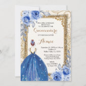 Navy Blue Flowers Gold Quinceanera Kaart (Voorkant)