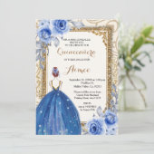 Navy Blue Flowers Gold Quinceanera Kaart (Staand voorkant)