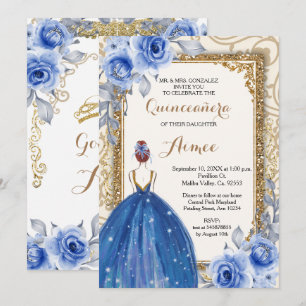 Navy Blue Flowers Gold Quinceanera  Kaart
