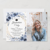 Navy Blue Flowers Graduation Party Foto Kaart (Voorkant)