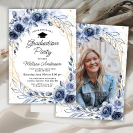 Navy Blue Flowers Graduation Party Foto Kaart