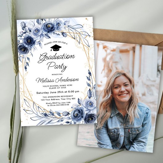 Navy Blue Flowers Graduation Party Foto Kaart