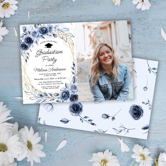Navy Blue Flowers Graduation Party Foto Kaart