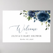 Navy Blue Flowers, Greenery, Baby shower Welcome Poster (Voorkant)