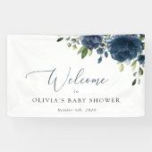 Navy Blue Flowers, Greenery, Baby shower Welcome Spandoek (Horizontaal)