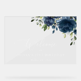 Navy Blue Flowers, Greenery, Birthday Welcome Acryl Bord