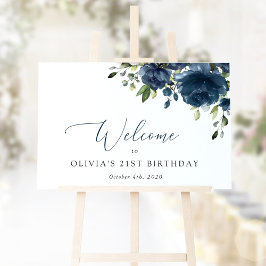 Navy Blue Flowers, Greenery, Birthday Welcome Poster